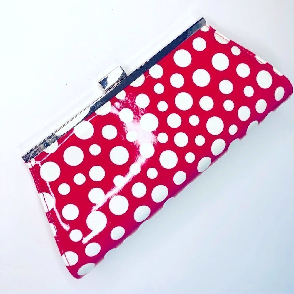 Nieman Marcus Hardshell PolkaDot Clutch Pink White Silver with Chain Polka Dot